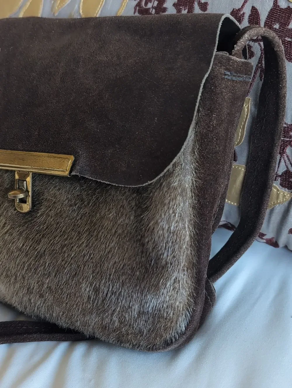 60's Vintage Brown Suede- Hair On Hide Brass Turn Lock Hip Crossbody Bag
